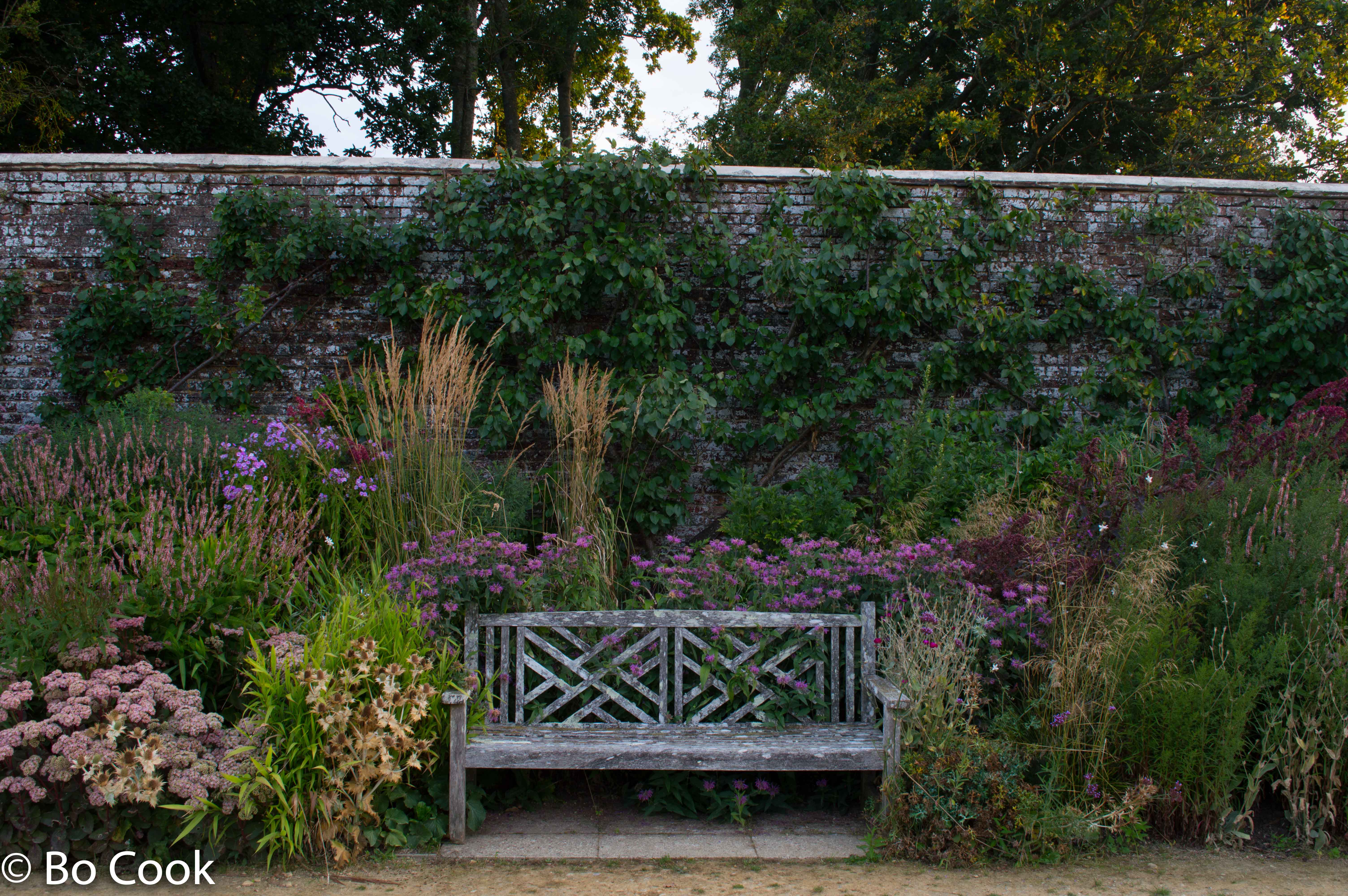 bench on the long border at parham house